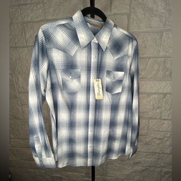 Wranglers Plaid Shirt Faux Pearl Snaps NWT Size Large Blue and Cream - Picture 4 of 6